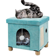 BRIAN & DANY Foldable Cat Bed for Indoor Cats Large Cat Cube for Pet Cat House with Cat Scratch Board & Cat Ball 14.5X 12.5X 14.1 inches Green