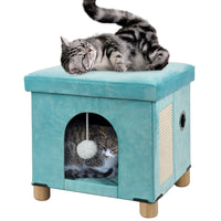BRIAN & DANY Foldable Cat Bed for Indoor Cats Large Cat Cube for Pet Cat House with Cat Scratch Board & Cat Ball 14.5X 12.5X 14.1 inches Green