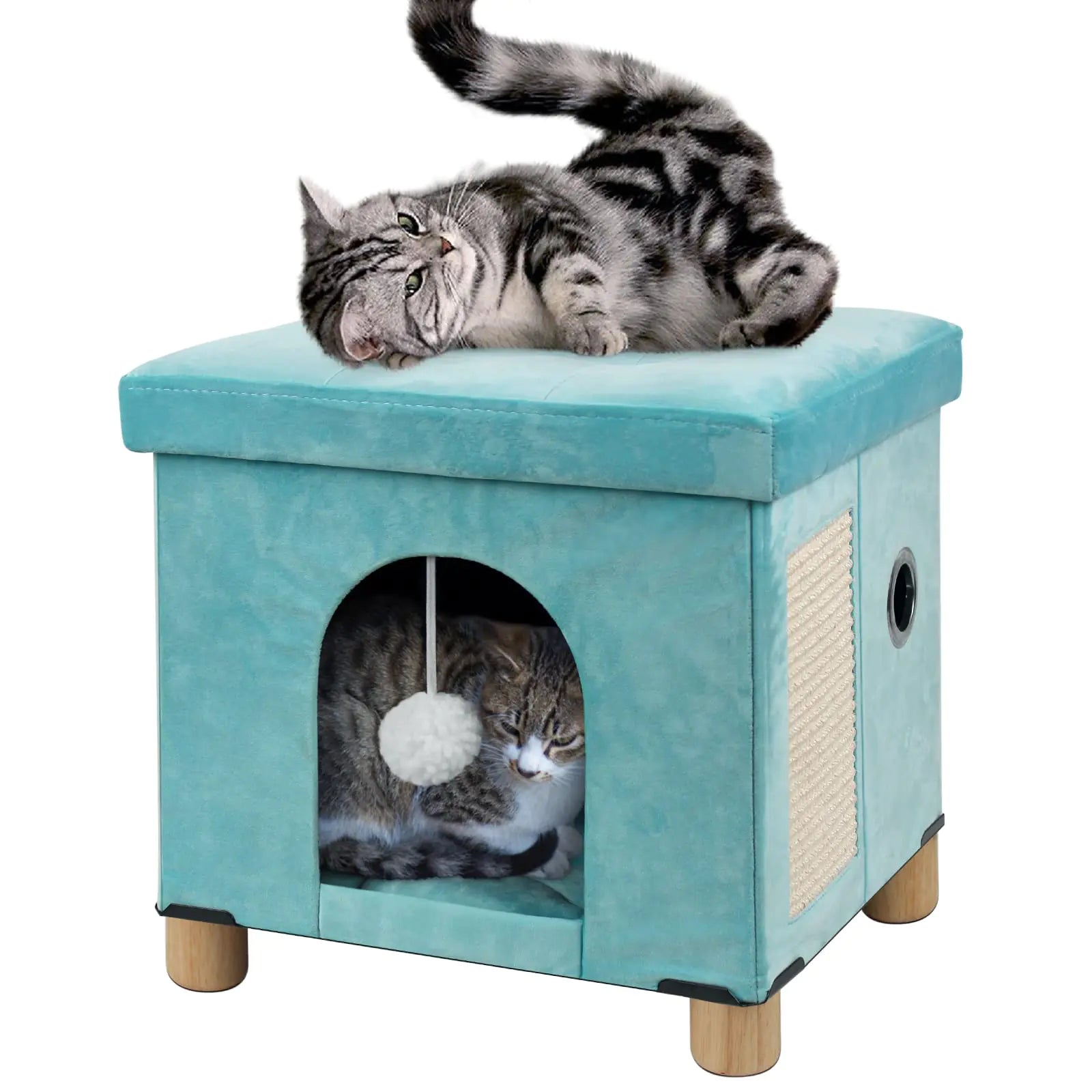 BRIAN & DANY Foldable Cat Bed for Indoor Cats Large Cat Cube for Pet Cat House with Cat Scratch Board & Cat Ball 14.5X 12.5X 14.1 inches Green