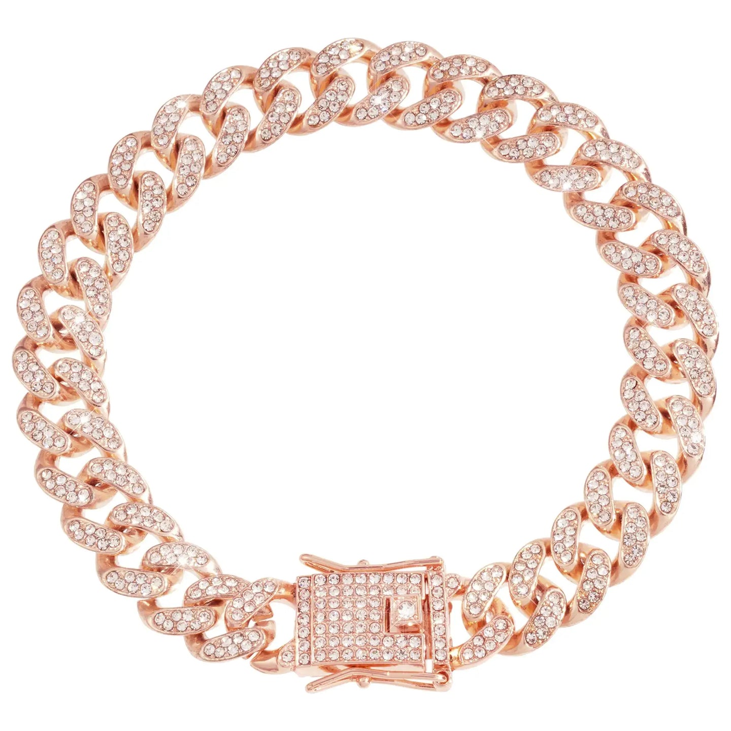 Lystaii Dog Chain Cuban Diamond Link Rose Gold Pink Crystal Collar Jewelry Accessories Pet Necklace with Walking Metal Collar Design Secure Buckle for Small Medium Large Dogs and Cats (14 Inches)