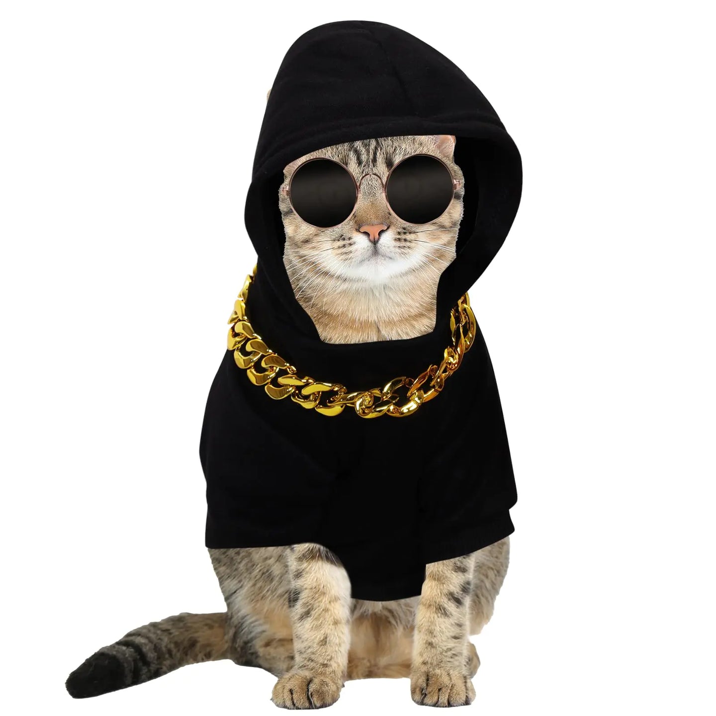 Ngdhkd 3PCS Dog Hoodie Cat Costume with Dog Sunglasses Gold Chain Cat Halloween Costume Retro Sunglasses Pet Clothes Set for Cats and Small Medium Dogs XXL