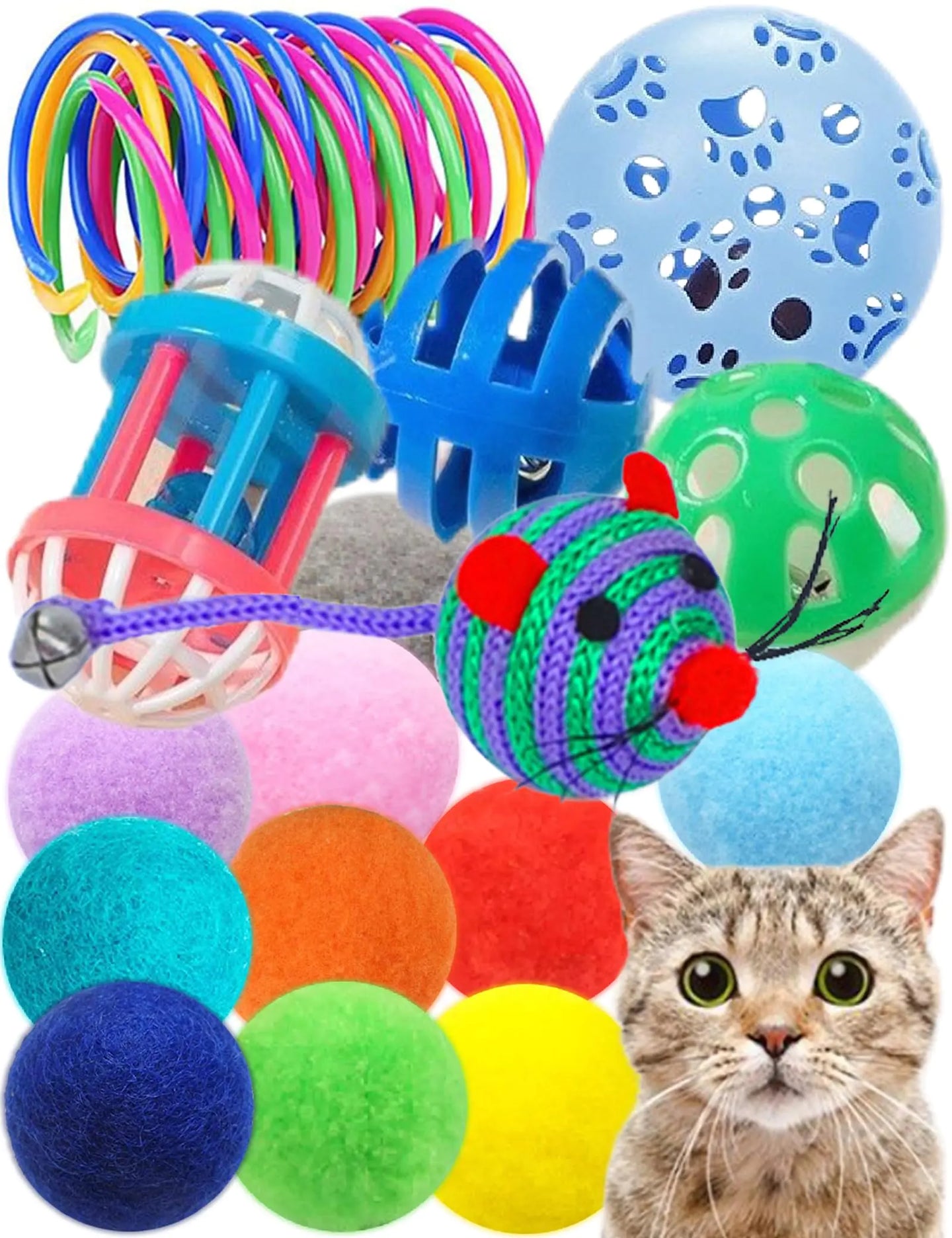 DIYUQISHI 19-Piece Cat Toys Pack - 5 Bell Balls 10 Plush Balls 4 Spring Toys - Kitten Toys for Indoor Cats