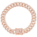 Lystaii Dog Chain Cuban Diamond Link Rose Gold Pink Crystal Collar Jewelry Accessories Pet Necklace with Walking Metal Collar Design Secure Buckle for Small Medium Large Dogs and Cats (14 Inches)